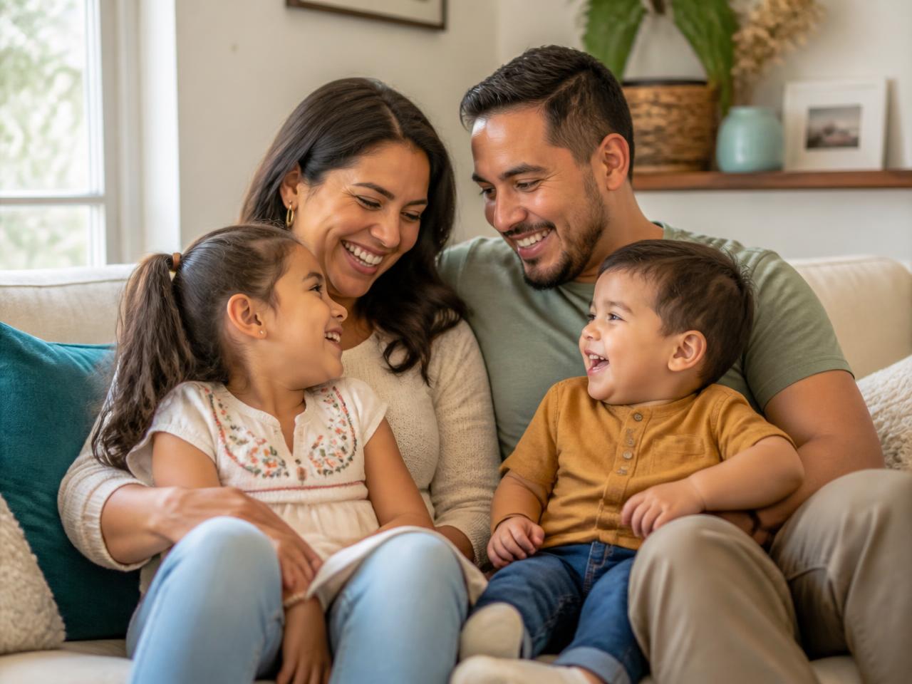 A young family laughing together at home on the sofa
