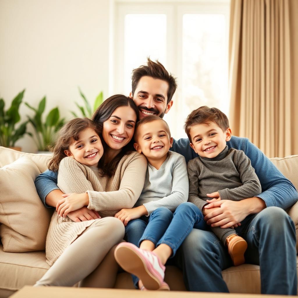 A young family embracing on a sofa, together through life's moments